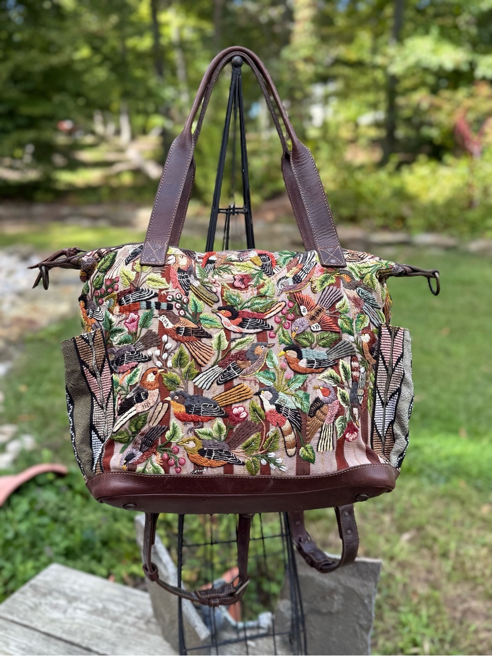 Embroidered Bird Tote/convertible day bag with Leather Trim - Brown/Multi color